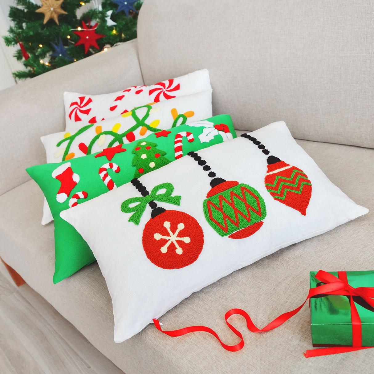 Christmas Custom Handmade Pillow, Christmas Tree, Candy, Socks, Christmas Decor, Punch Needle Round Pillow, Holiday Home Decor Gift Idea - Arria Home