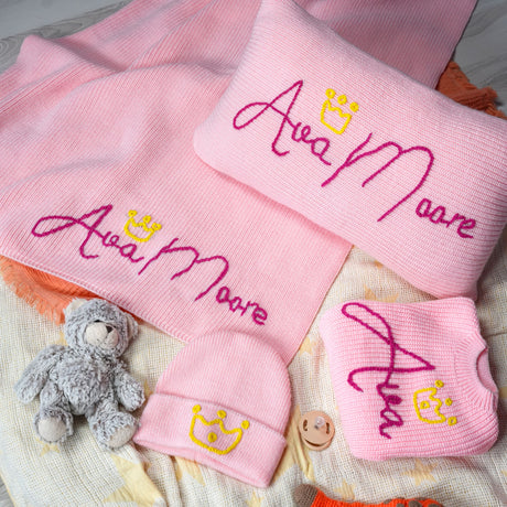 Baby Blanket Personalized First Christmas Gift, Embroidered Baby Knit Blanket Sweater Beanie Pillow, Custom Baby Name Blanket, Child Gift - Arria Home