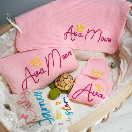 Personalized Baby Embroidered Blanket Newborn First Christmas Gift Idea, Baby Shower Gift, Beanie, Sweater, Pillow Baby Basket Gift Set - Arria Home