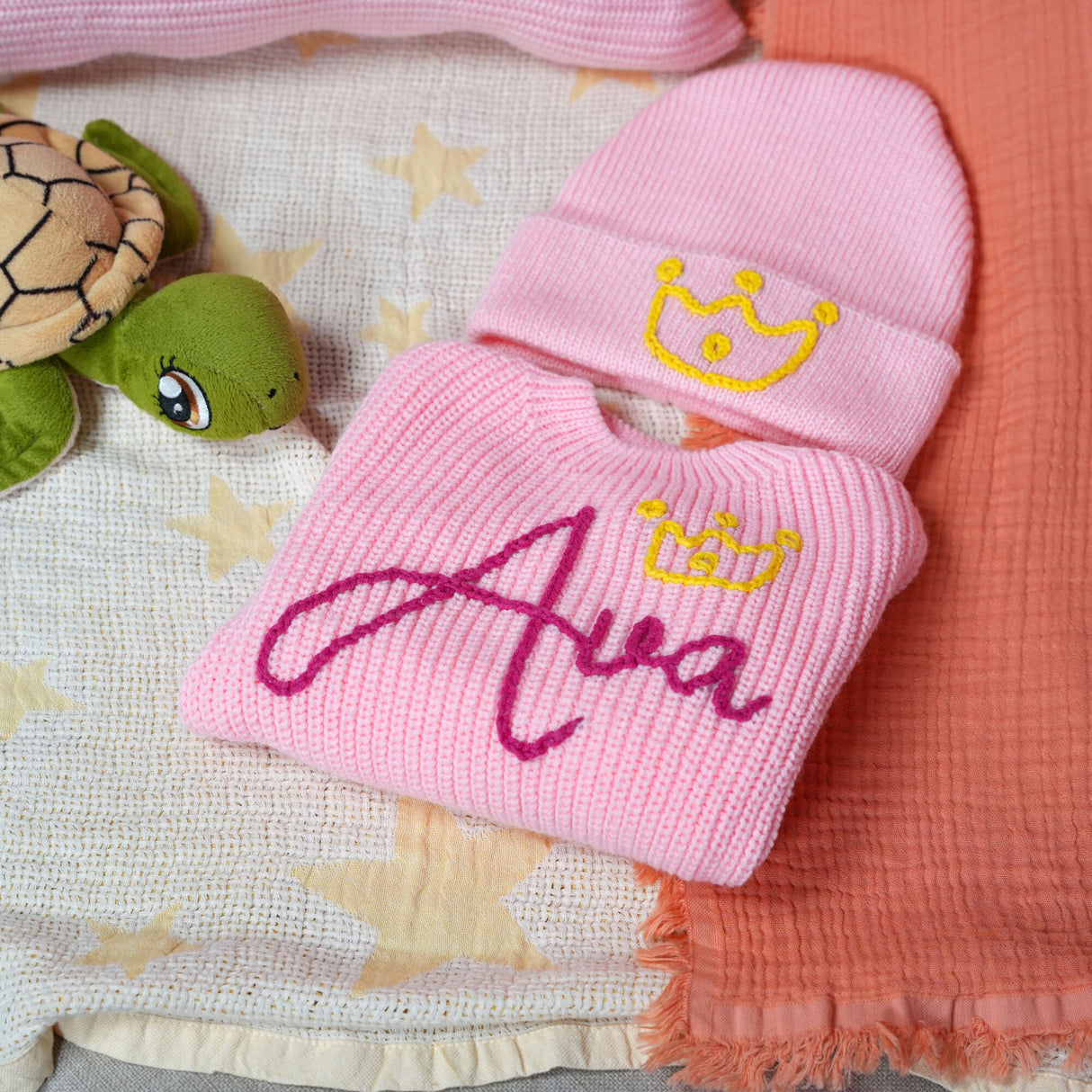 Embroidered Baby Knit Personalized Sweater, Embroidered Blanket, Beanie, Pillow, Our First Christmas, Baby Shower Gift, Nursery Newborn Gift - Arria Home