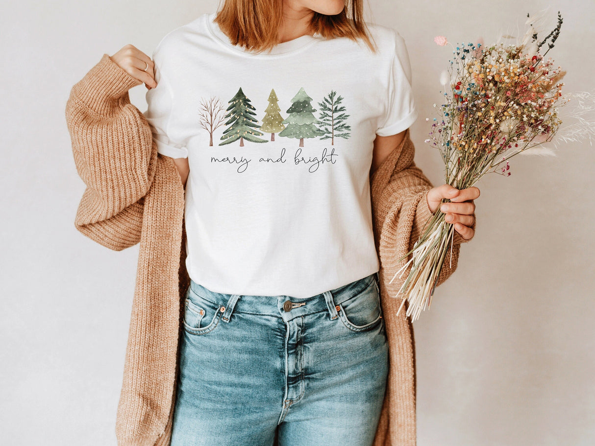 Merry And Bright Shirt, Watercolor Christmas Tree Shirt, Christmas Gift, Christmas TShirt, Family Christmas Tee, Merry Christmas