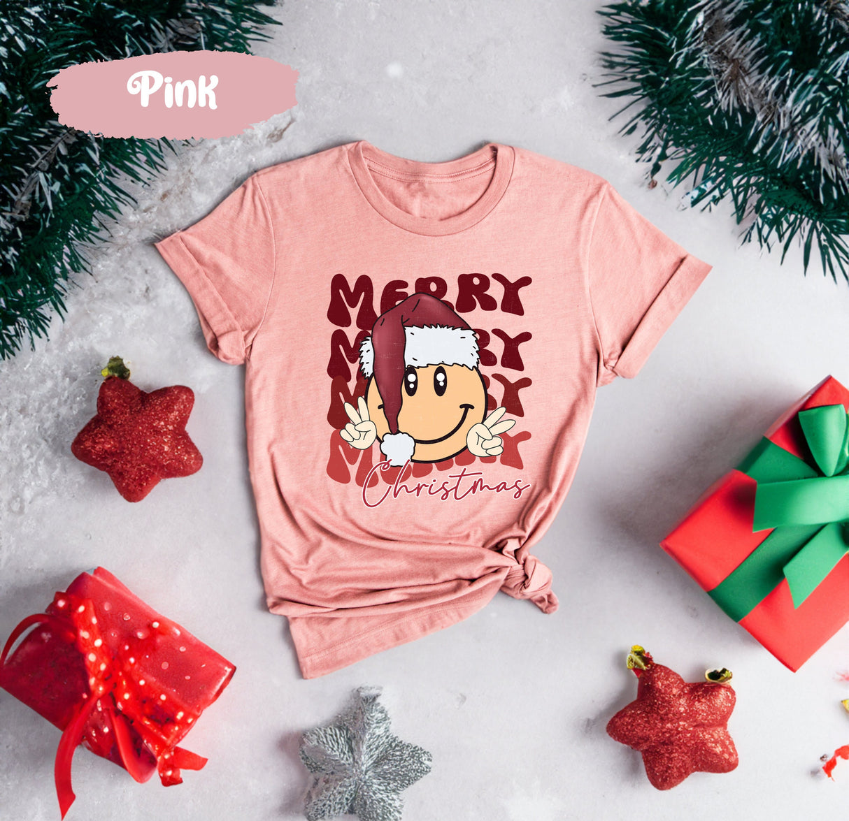 Merry Christmas Tee, Smiley Face Shirt, Santa Shirts, Christmas Gift Women, Winter Shirt, Retro Christmas, Xmas Family Shirt, Holiday Tshirt