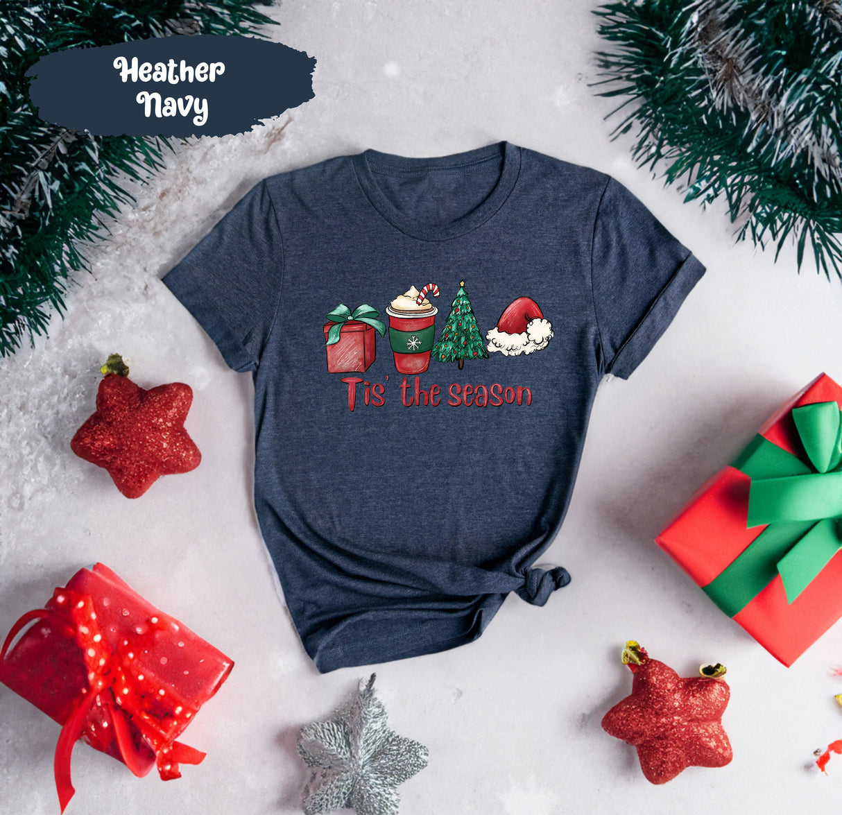 Tis The Season Shirt with Christmas Gift Cocoa Tree Santa Hat, Tis The Season Tee, Christmas Gift Shirt, Christmas Tree Tee, Santa Hat Shirt