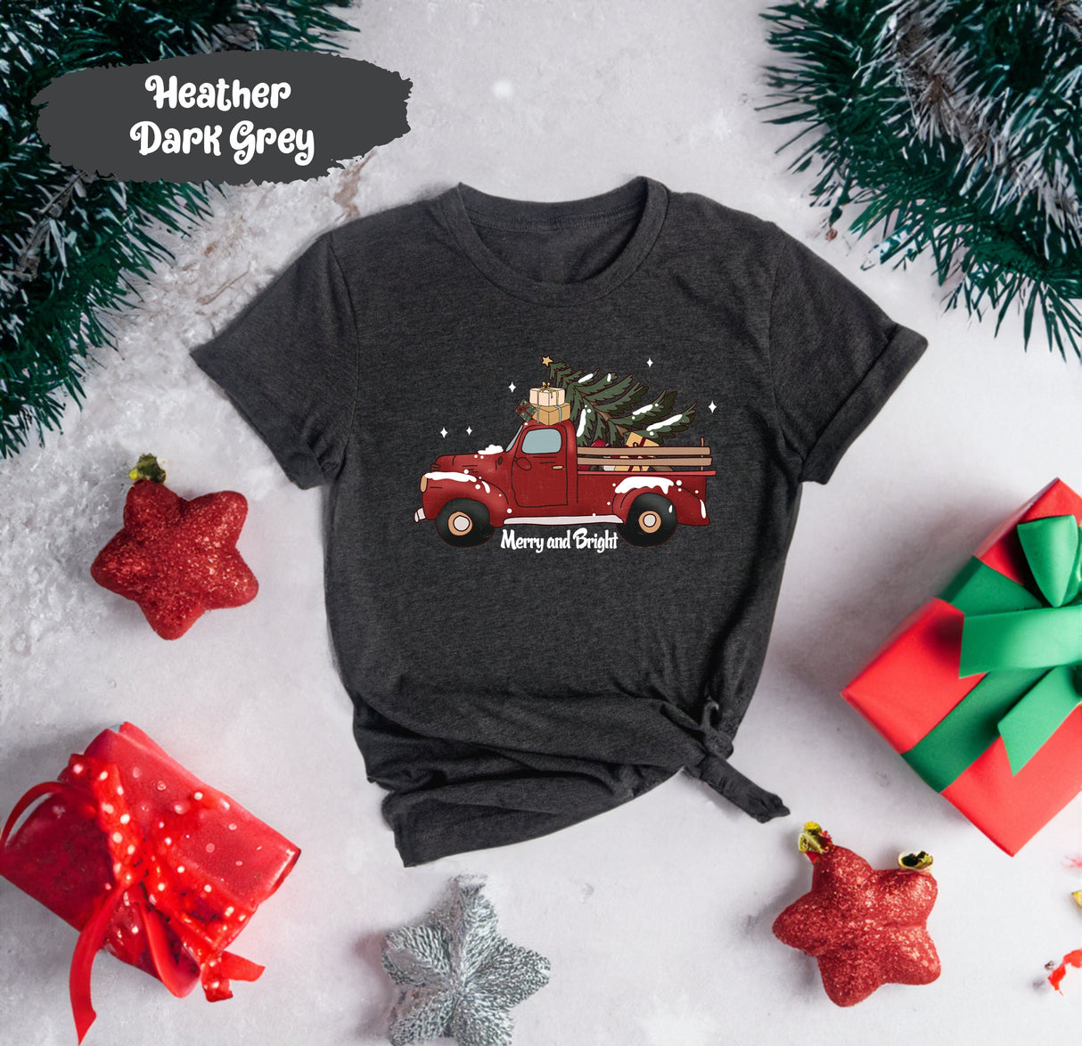 Merry And Bright Tee with Christmas Tree on Red Truck, Christmas Tree Shirt, Xmas Family Shirt, Merry and Bright, Holiday Tshirt, Ho Ho Ho