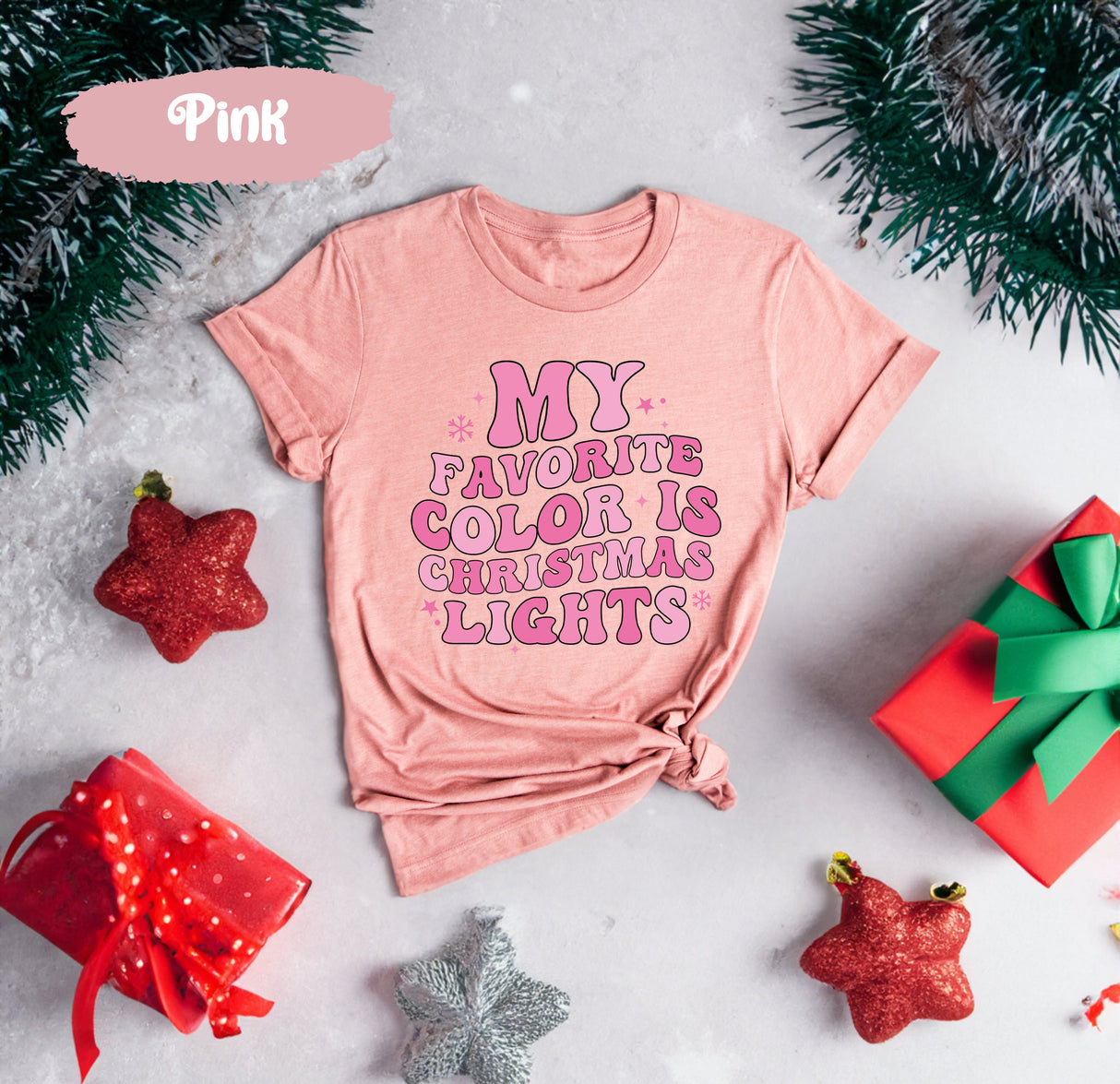 My Favorite Color Is Christmas Light Tee, Pink Christmas Shirt, Pink Christmas, Vintage Santa, Cute Christmas Shirt, Merry Christmas Tee