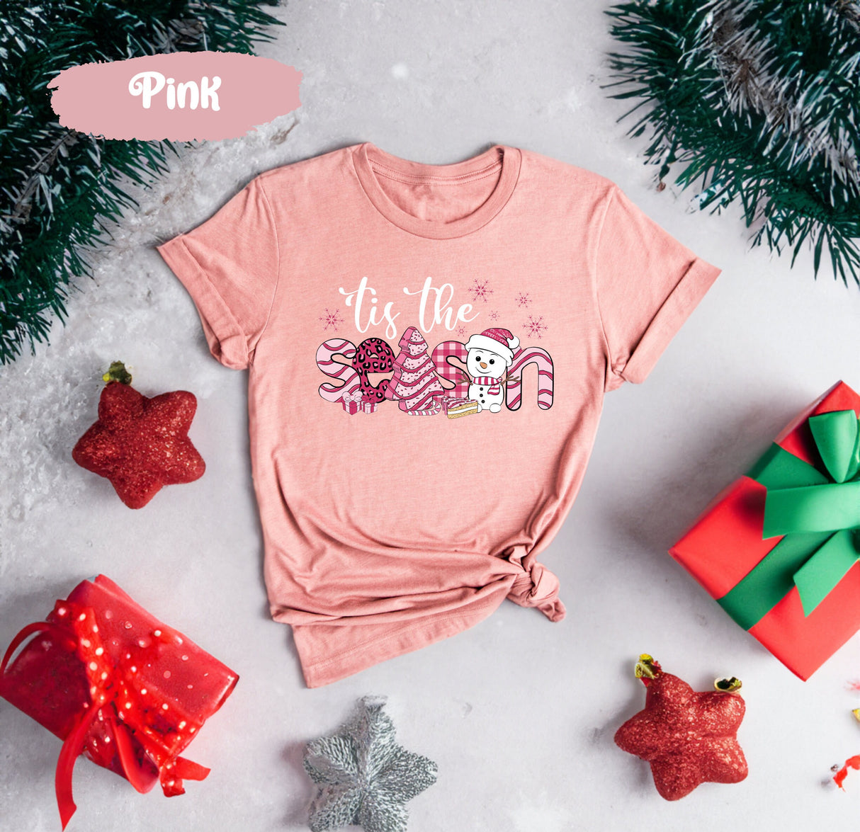 Tis The Season Pink Christmas Shirt with Snowman Tree Leopard Buffalo Plaid, Christmas Season, Cute Christmas Shirt, Christmas Gift Women