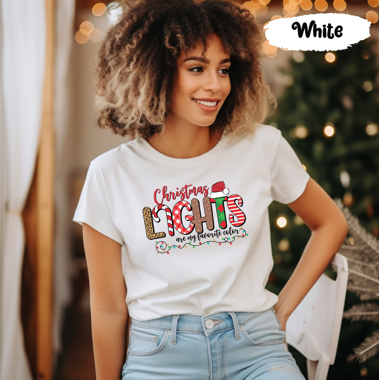 Christmas Lights Are My Favorite Color Shirt With Buffalo Plaid Leopard Santa Hat, Cute Christmas Shirt, Christmas T Shirt, Graphic Tshirt