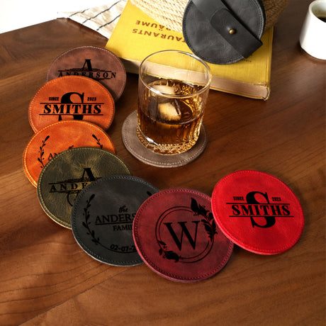 a wooden table topped with coasters filled with drinks