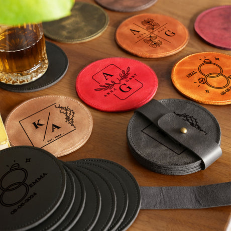 a wooden table topped with lots of coasters