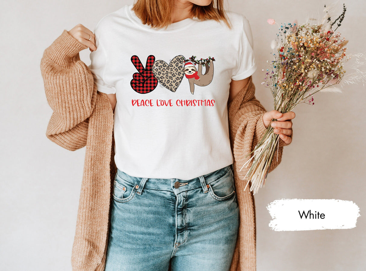 Peace Love Christmas, Christmas Sloth, Buffalo Plaid Shirt, Leopard Print, Cute Christmas Shirt, Retro Christmas, Christmas Gift Women