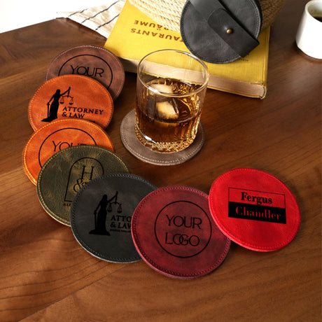 Custom Logo Leather Coasters Set, Personalized Business Logo, Monogram Round Coasters wtih Holder, Company Gift, Office Table Decor - Arria Home