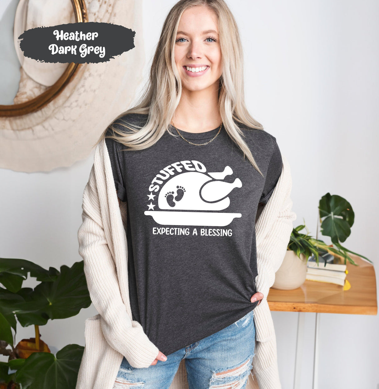 Stuffed Expecting A Blessing Thanksgiving Pregnant Shirt with Turkey, Maternity Holiday, Pregnancy Tshirt, Mom Announcement, Funny Pregnant