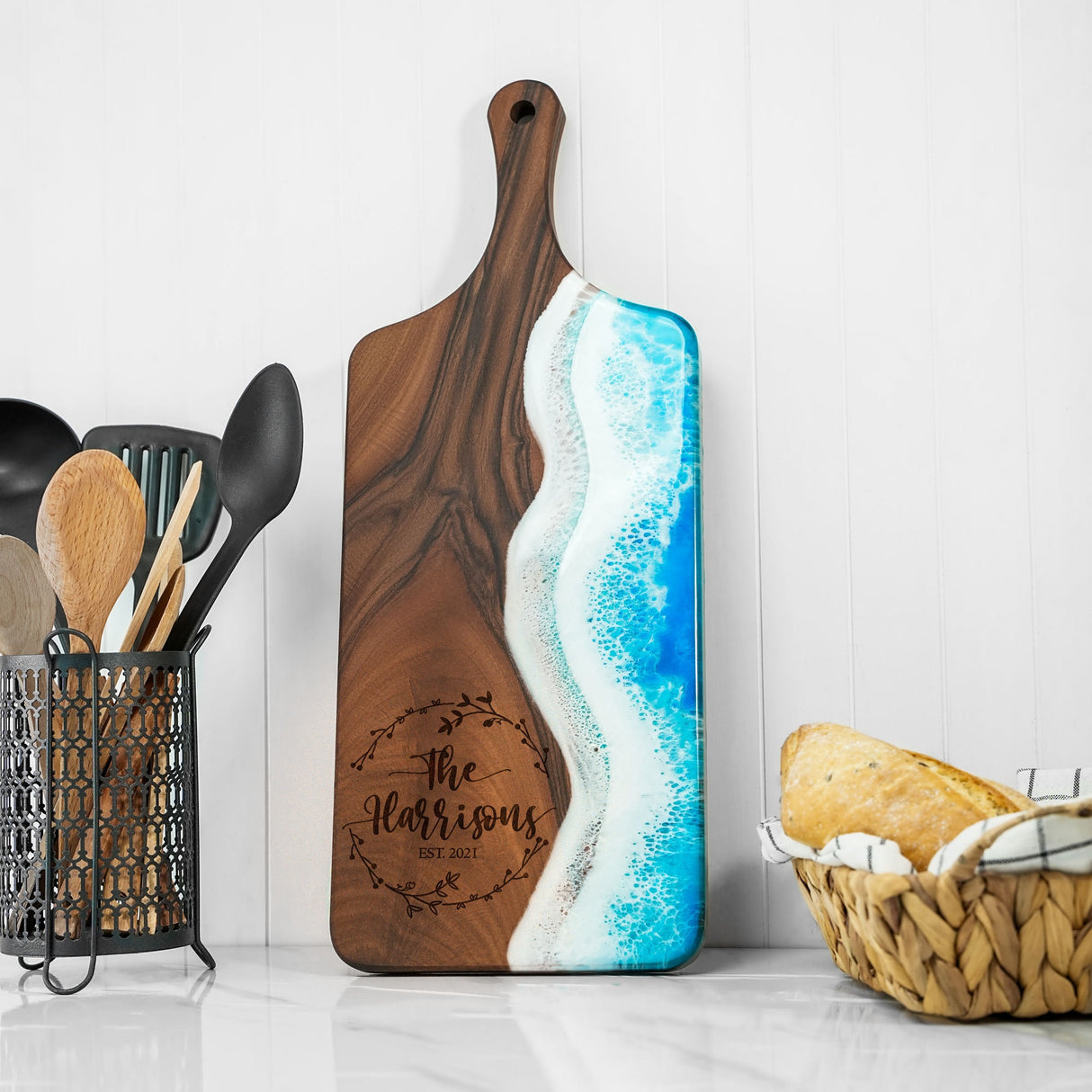 Personalized Resin Ocean Cutting Board, Christmas Gift for Couple, Wedding Gift, New Home Couple Gift, Housewarming Gift, Epoxy Walnut Board - Arria Home