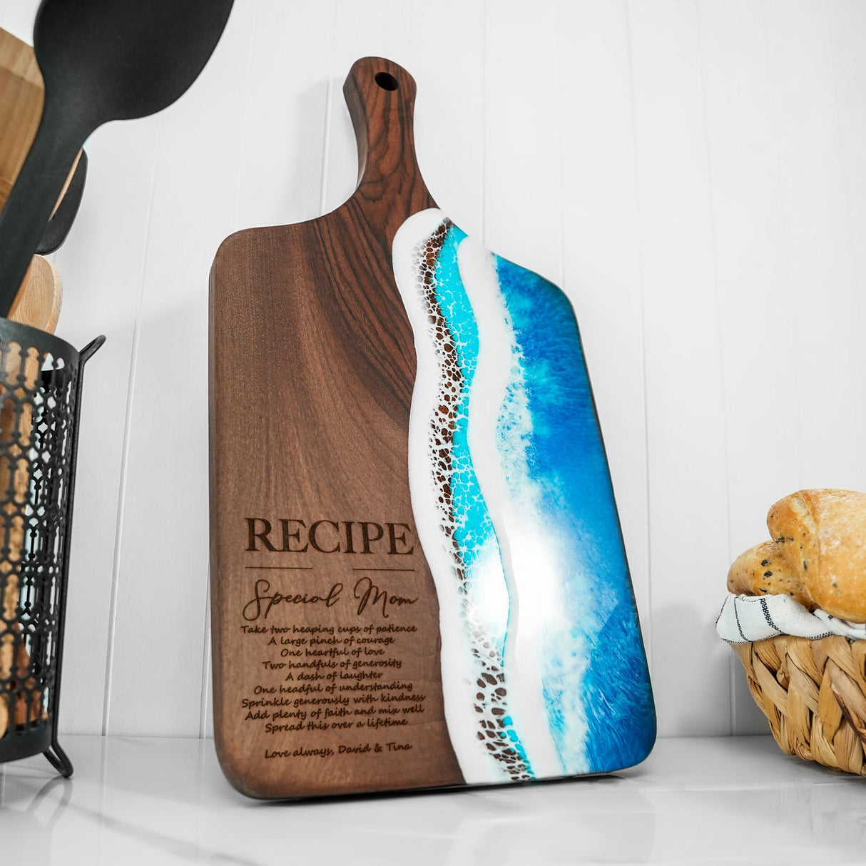 Christmas Gift Recipe Resin Ocean Cutting Board, Handwritten Recipe Charcuterie Board, Personalized Grandma Gift for Christmas, Epoxy Art - Arria Home