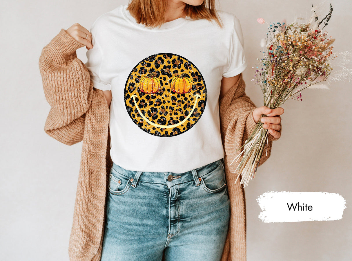 Fall Shirt for Women, Pumpkin Tshirt, Leopard Shirt, Smiley Face Shirt, Fall Graphic Tee, Seasonal Shirts, Cute Womens Shirt, Soft T Shirt