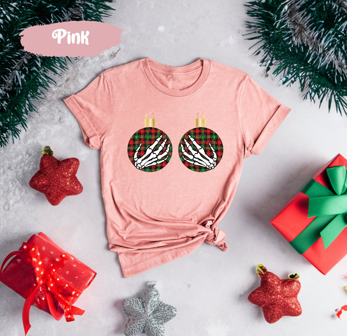 Skeleton Hands Shirt, Hand on Boobs, Buffalo Plaid Shirt, Ornament Shirt, Boob Shirt, Boob Grab Shirt, Christmas Boob Shirt, Funny Christmas