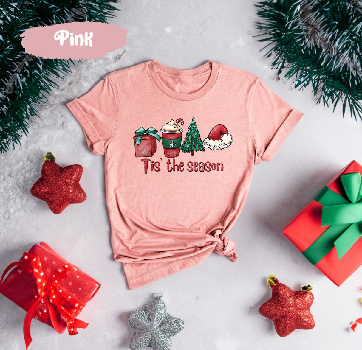 Tis The Season Shirt with Christmas Gift Cocoa Tree Santa Hat, Tis The Season Tee, Christmas Gift Shirt, Christmas Tree Tee, Santa Hat Shirt