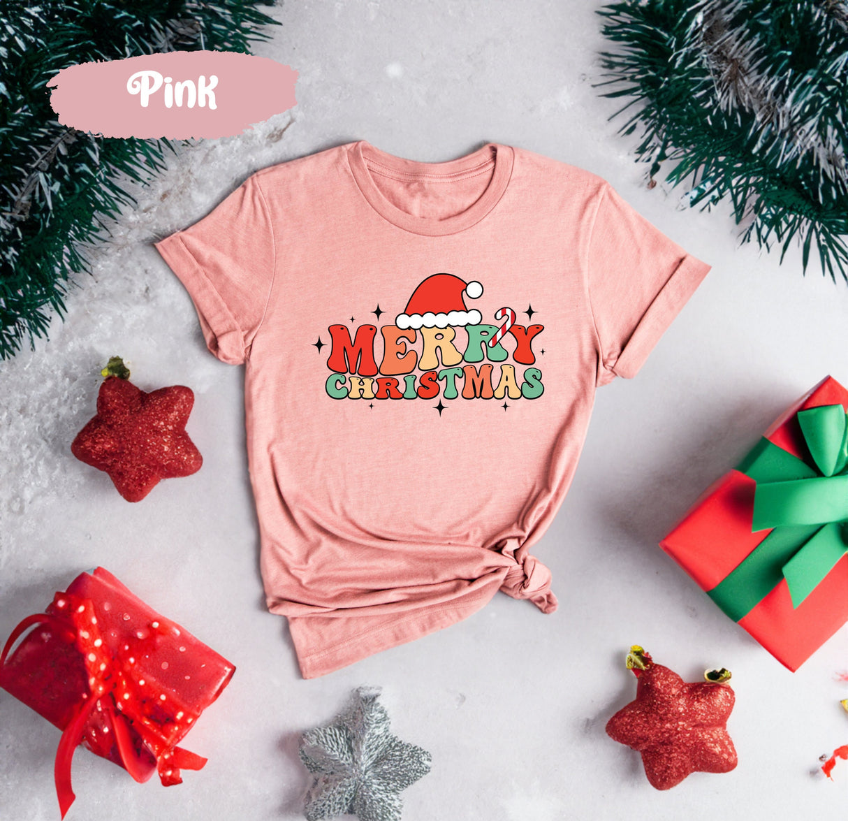 Merry Christmas Tee with Santa Hat, Vintage Santa, Retro Christmas, Santa Shirts, Holiday Crew Shirt, Xmas Group Shirts, Holiday Tshirt