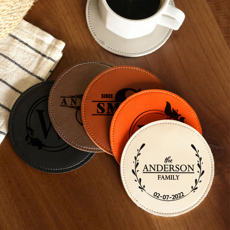 a table topped with coasters and a cup of coffee