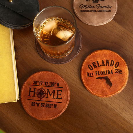 a wooden table topped with coasters filled with drinks