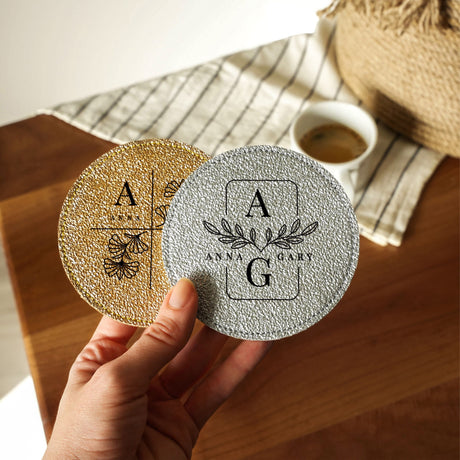 Personalized Wedding Leather Coasters Set with Holder, Custom Engraved Coasters, Bridal Shower Favor, Couple Monogram Gift, Wedding Coasters - Arria Home