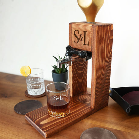 a wooden stand holding a glass of alcohol