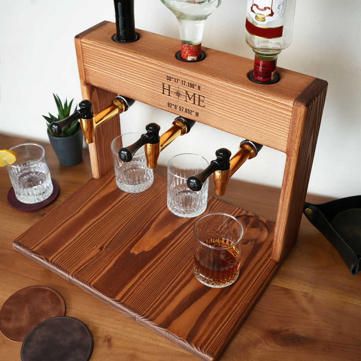 a wooden stand with glasses and bottles on it