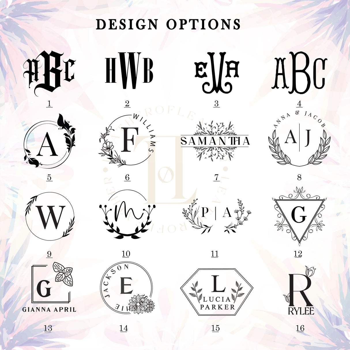 Available monogram design options for personalized leather tote bags