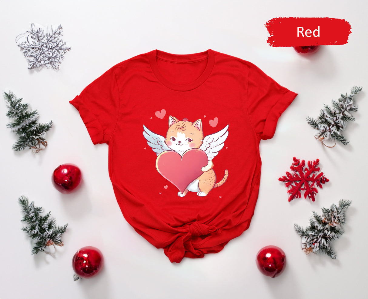 Angel Cat Holding Heart Shirt for Valentines Day, Valentines Gifts, Valentines Shirts, Kids Valentines, Cat Lover Tshirt, Couple Tshirts