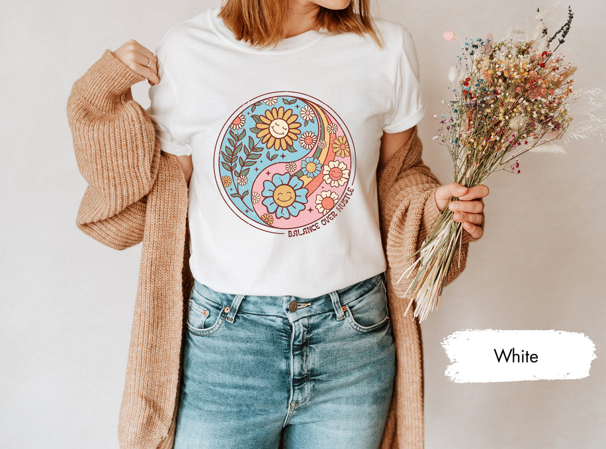 Balance Over Hustle Ying Yang Flower Tshirt, Smiley Flower Shirts, Rainbow Tees, Nature Lover Gifts, Gift for Her, Kids Tshirts, Nature Tee