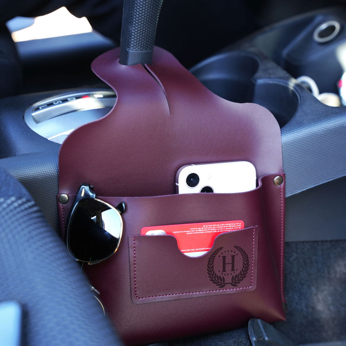 Personalized Gift for Car Guy, Leather Car Organizer, Sun Glasses Holder, Car Phone Holder, Car Storage Leather Bag, Persoalize Gift for Men - Arria Home