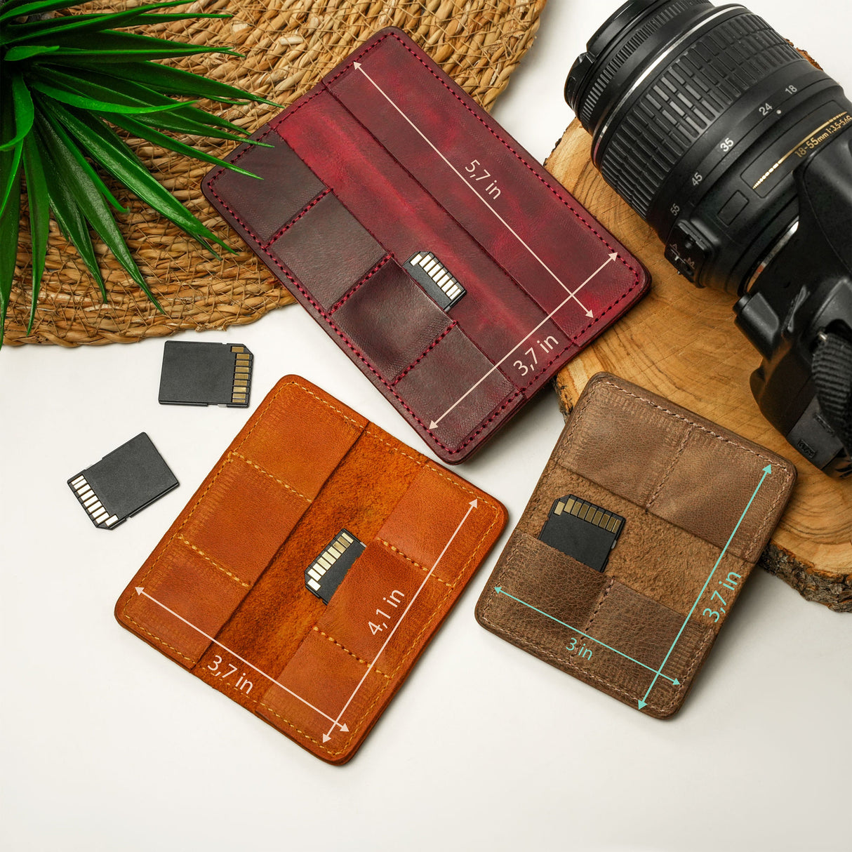 a couple of wallets sitting on top of a table