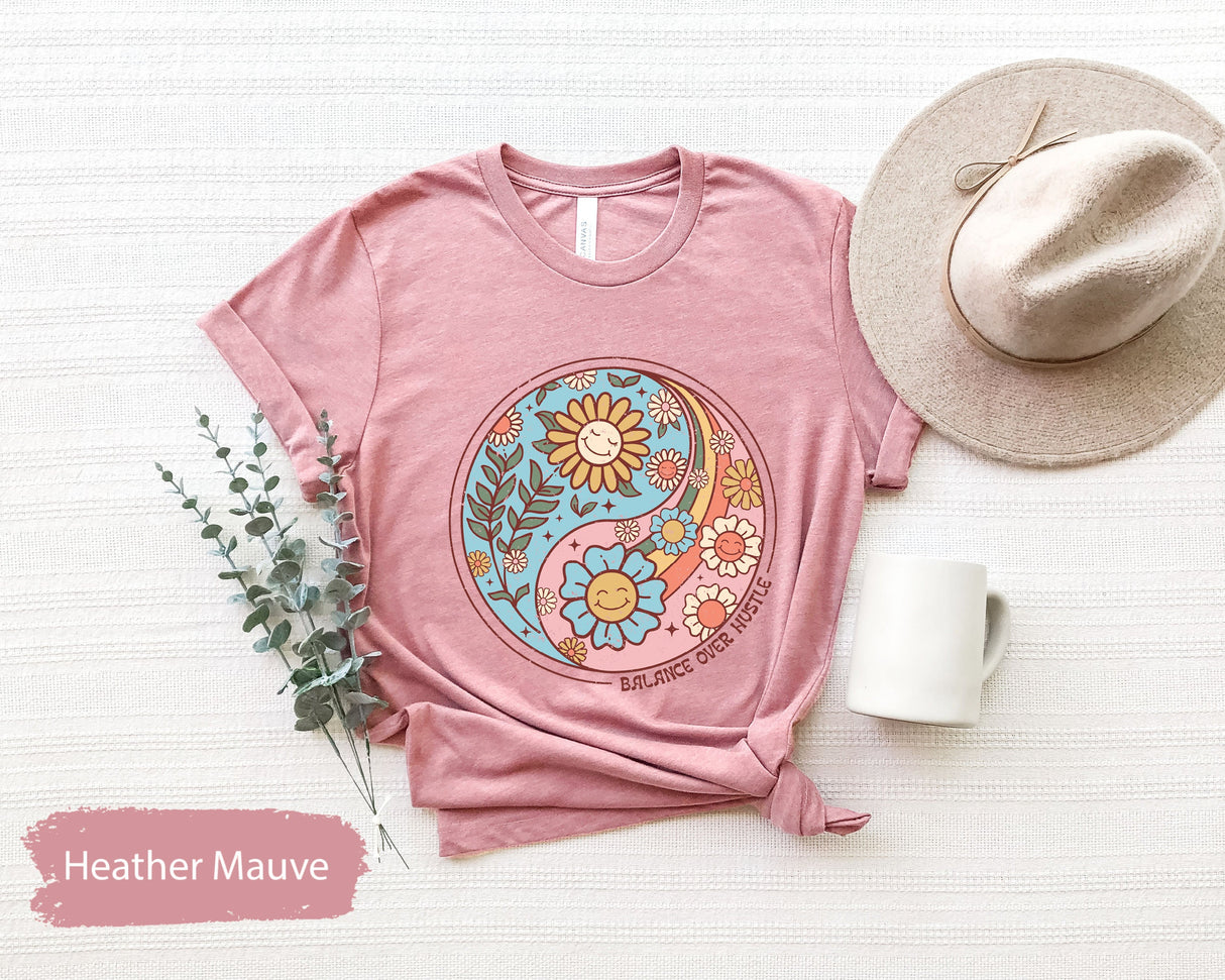 Balance Over Hustle Ying Yang Flower Tshirt, Smiley Flower Shirts, Rainbow Tees, Nature Lover Gifts, Gift for Her, Kids Tshirts, Nature Tee