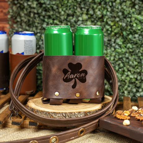 Personalized Irish Gifts, St Patricks Day Gifts, Leather Beer Holder, Shamrock Four Leaf Gifts, Beer Enthusiast Gifts, Irish Beer Gifts - Arria Home