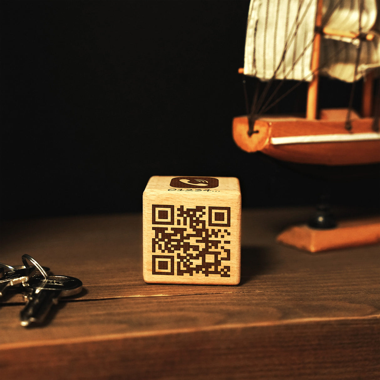 a wooden block with a qr code on it