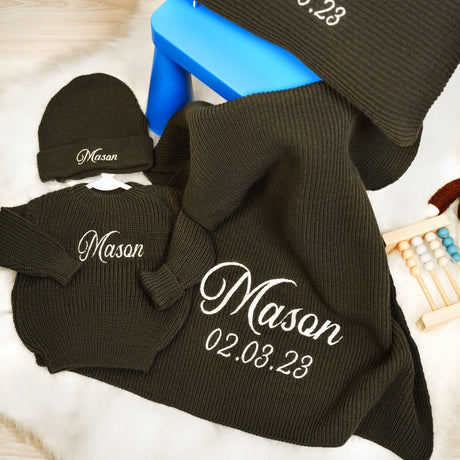 Personalized Baby Embroidered Gift Set, Baby Sweater, Custom Blanket, Embroidered Beanie, Baby Name Pillow, Knitted Baby Gift Set, Christmas - Arria Home