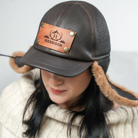 Personalized Hat Camping Gift, Custom Hat, Leather Patch Plush Hat, Gift for Her, Travel Gift, Ushanka Ear Flap Winter Fur Hat, Personalized - Arria Home