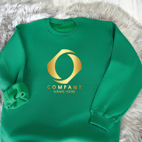 a green sweatshirt with a gold company logo on it