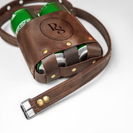 Personalized Leather Can Holder with Belt, Beer Holster with Strap, Monogram Can Cooler, Laser Engraved Beer Holder, Unique Gift for Him - Arria Home