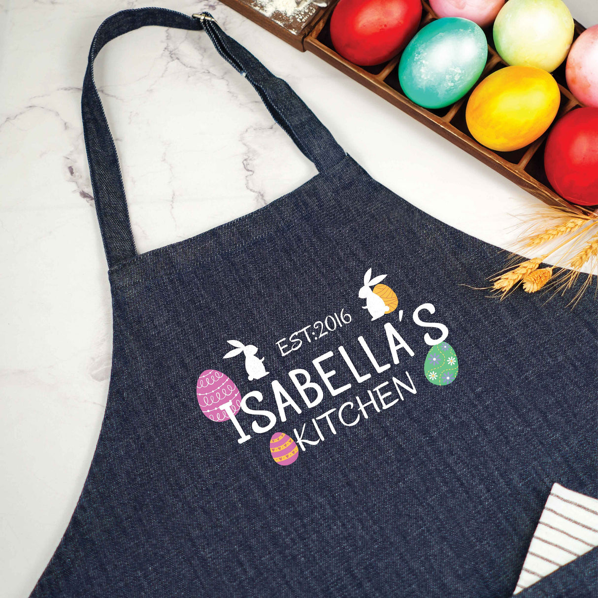 Personalized Easter Egg Apron, Custom Kitchen Decor Baking Apron, Cute Rabbit Print Decor, Holiday Cook Gift Idea, Easter Kitchen Decor - Arria Home