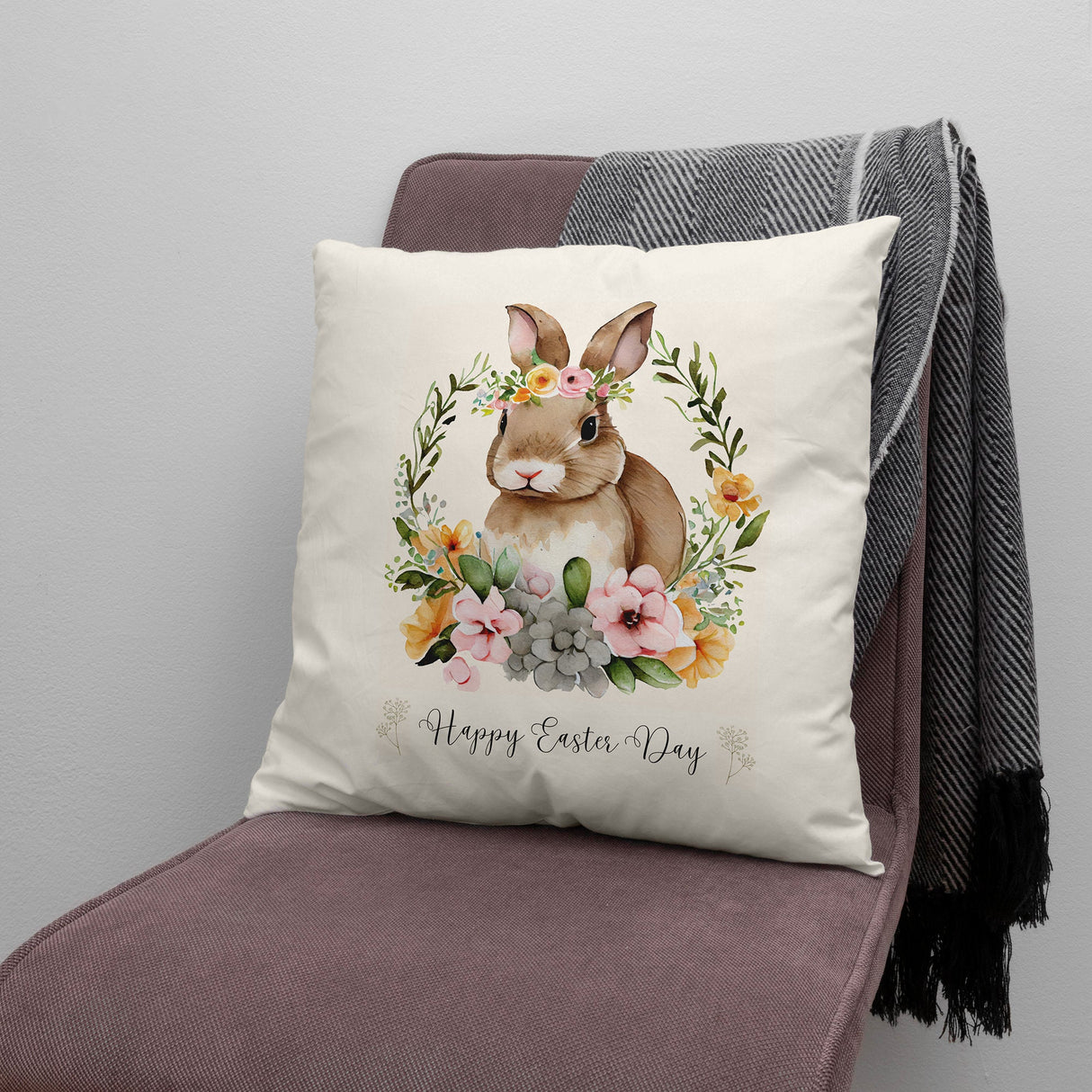 Personalized Easter Bunny Pillow, Floral Easter Bunny Decoration, Custom Holiday Decor, Happy Easter Gift, Spring Decor, Custom Throw Pillow - Arria Home