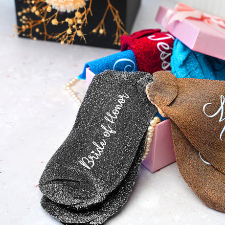 Personalized Bride Socks, Bridesmaid Socks, Personalized Team Bride Gifts, Maid of Honor Gift Basket, Wedding Socks, Bridal Shower Gifts - Arria Home