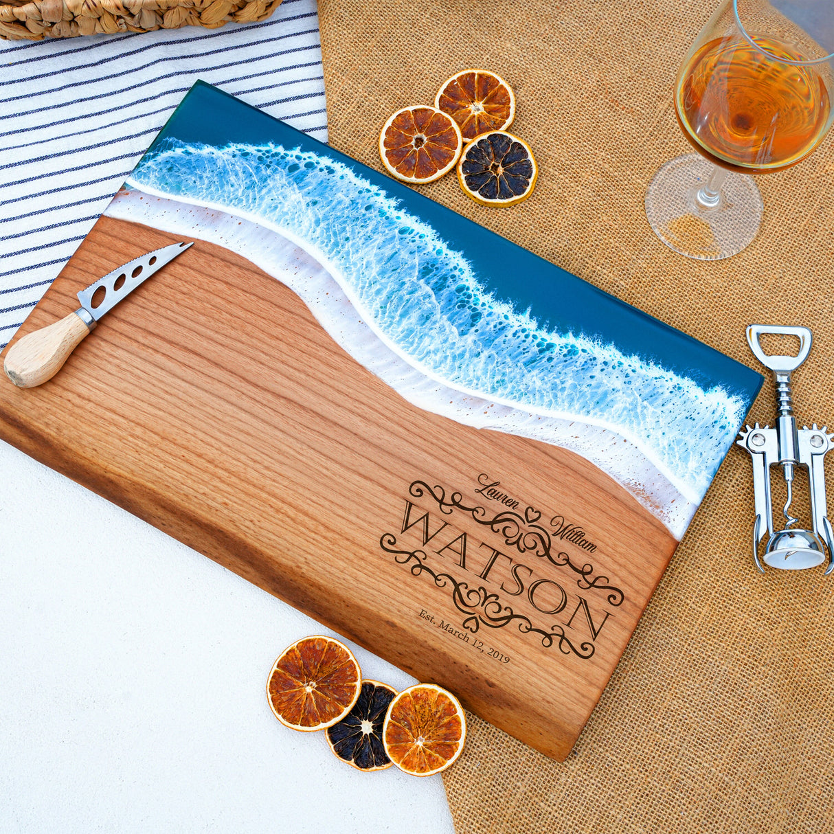 a wooden cutting board with orange slices on it