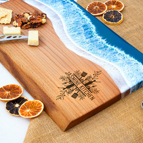 a cutting board with oranges and cheese on it