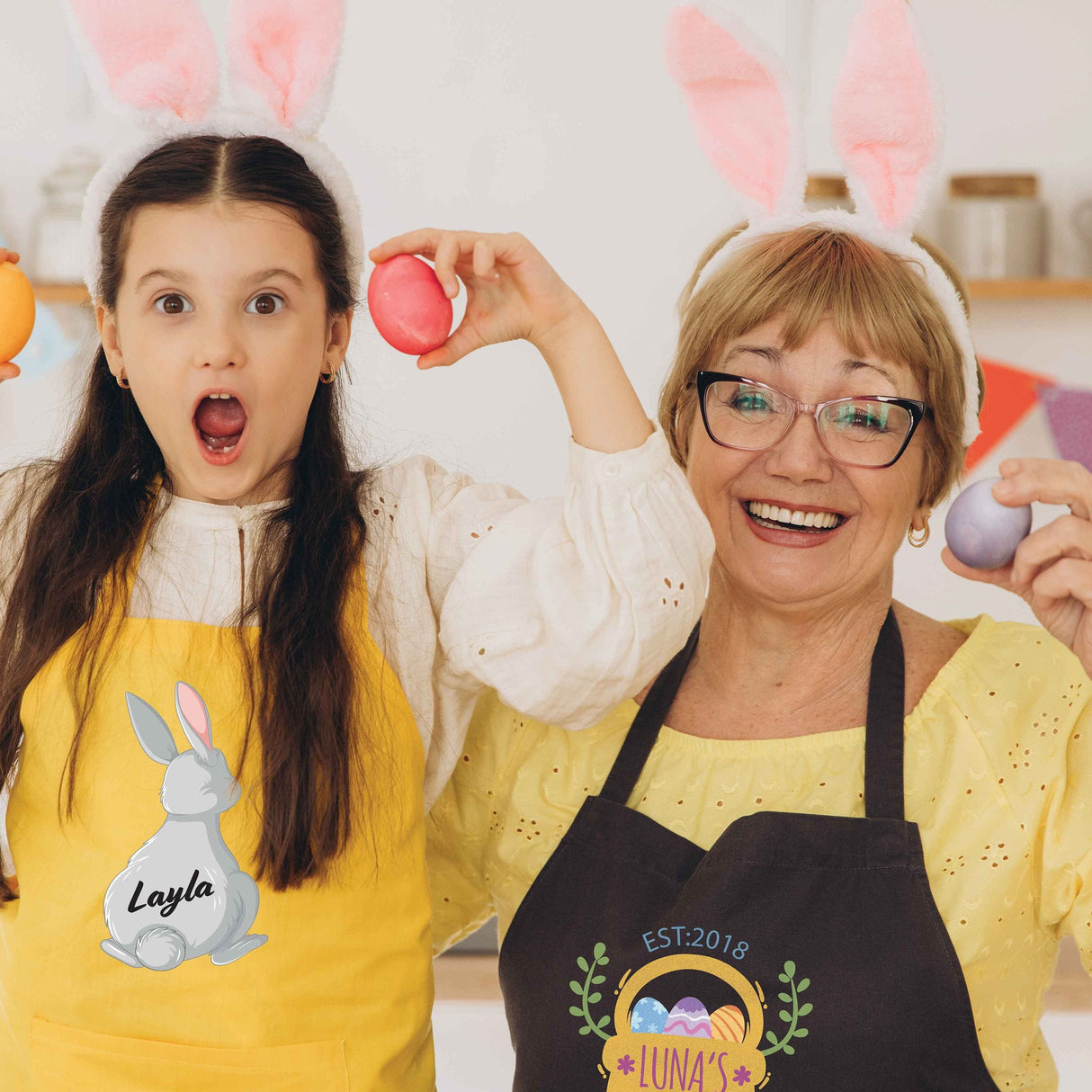 Custom Easter Grandkid Apron, Personalized Grandmom Cooking Baking Apron, Kitchen Decor, Cute Bunny Print, Holiday Cook, Egg Hunt Apron - Arria Home