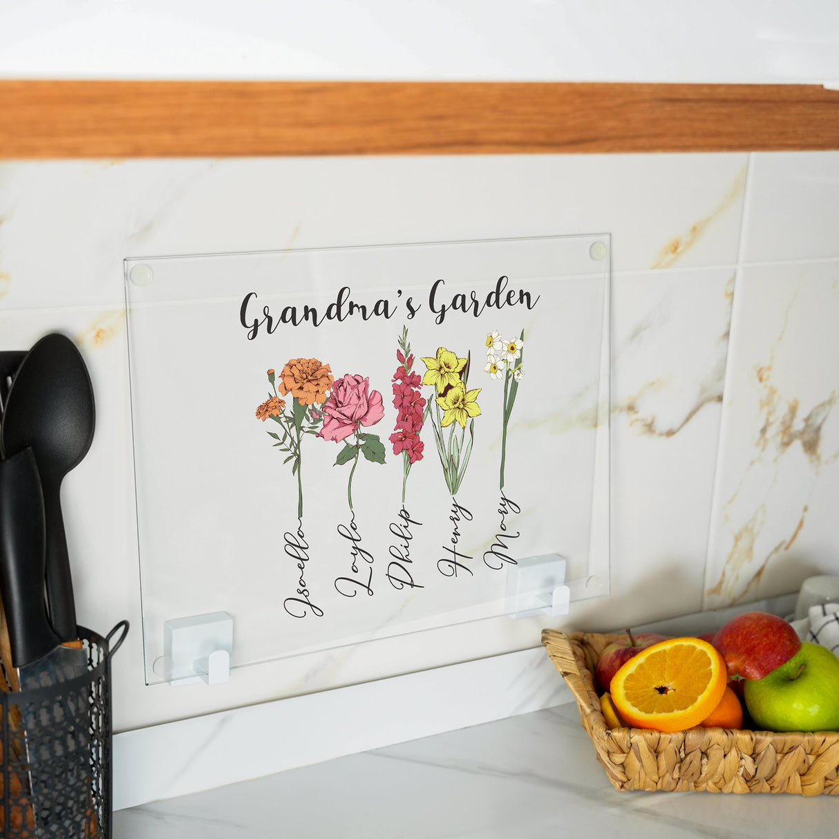 a kitchen counter with a basket of fruit on it