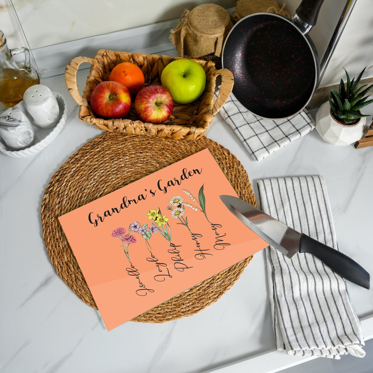 a table with a basket of fruit on it