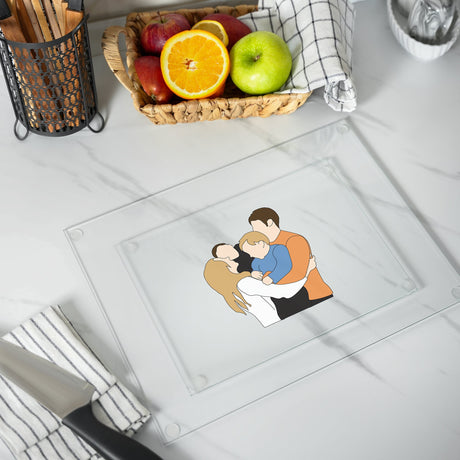 a cutting board with a picture of two people on it