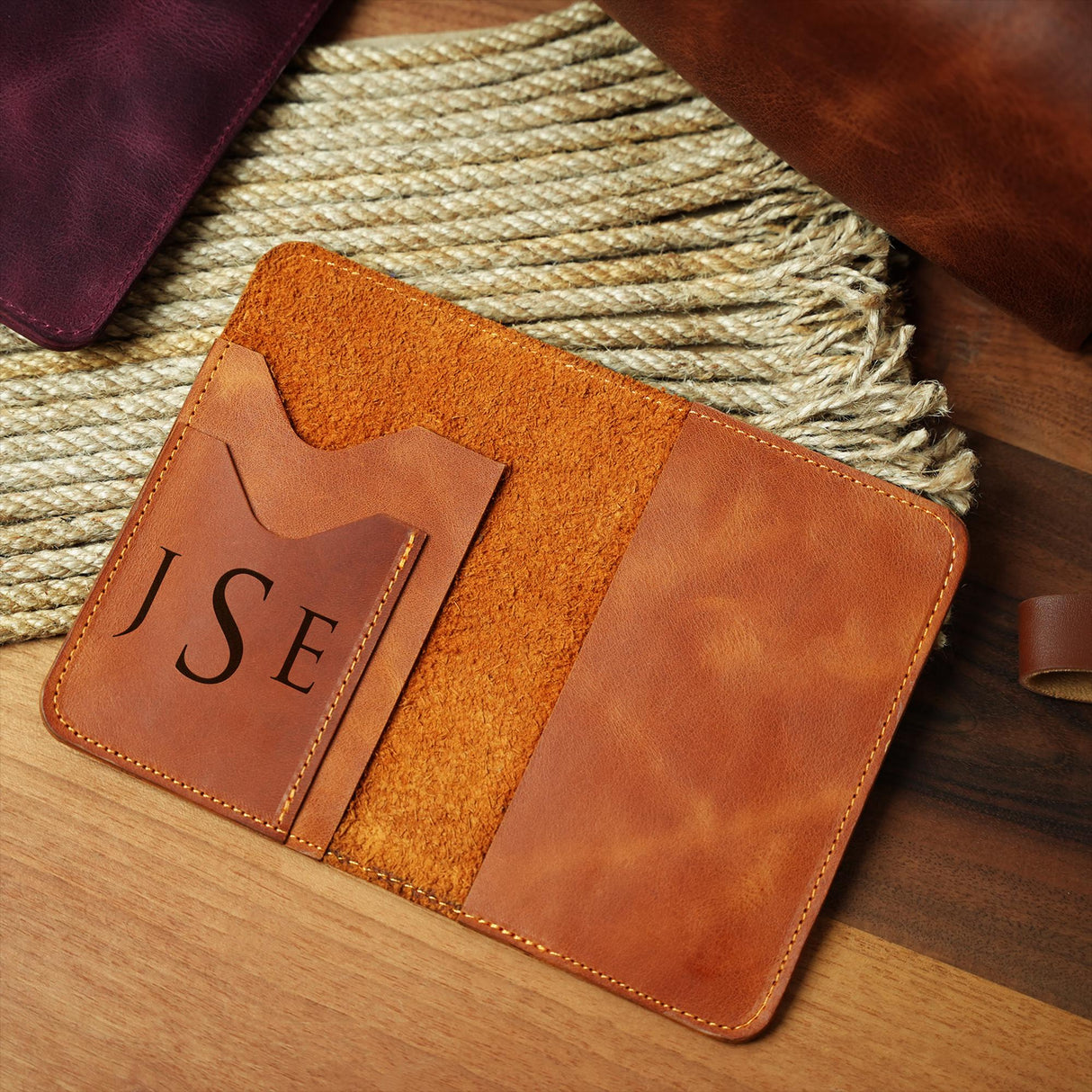 a personalized leather wallet sitting on top of a table