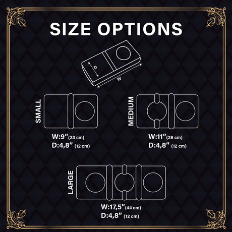 a black and gold frame with a diagram of the size options